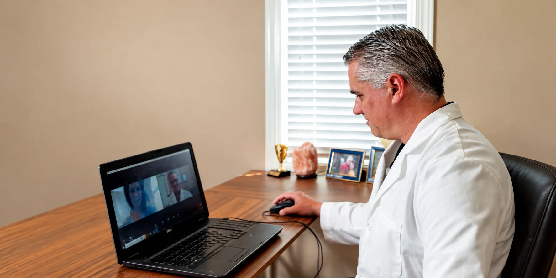Dr. David Lemmon speaking with a client over a laptop