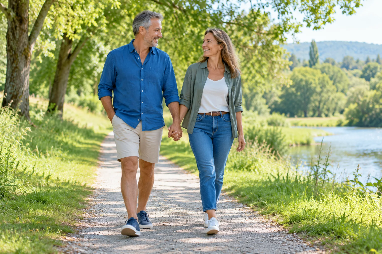 A couple holding hands and walking along a leafy path