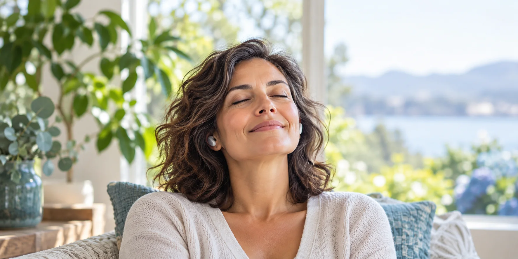 Woman listening to earbuds with a peaceful expression