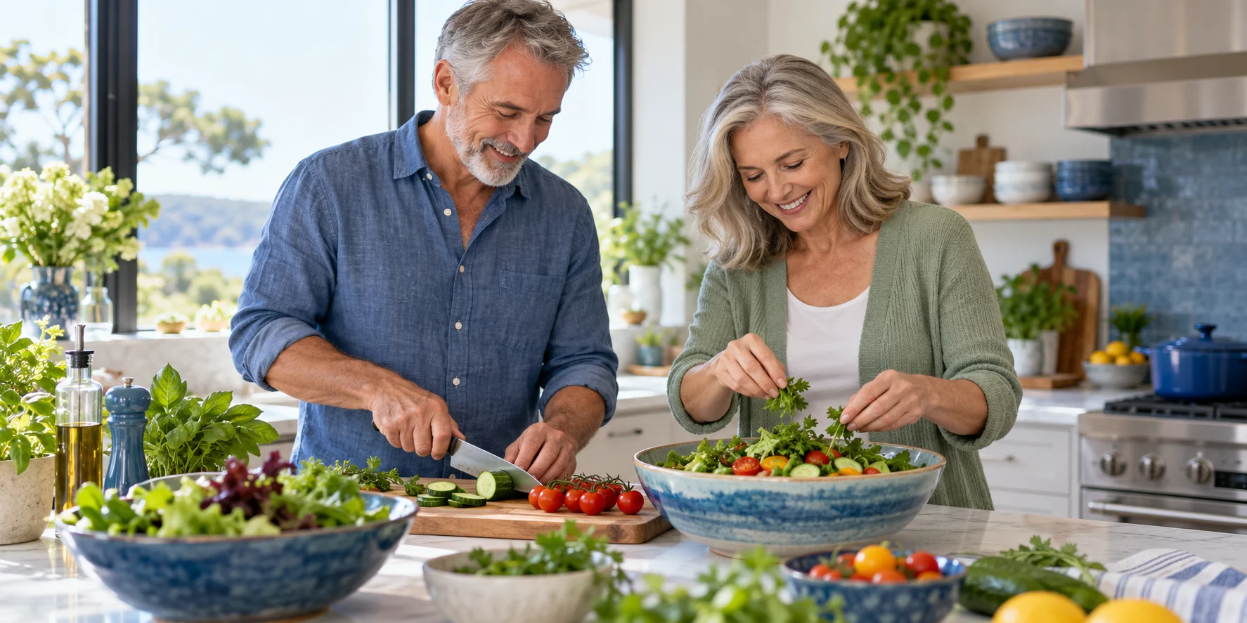 Couple preparing a colorful salad together in their kitchen
